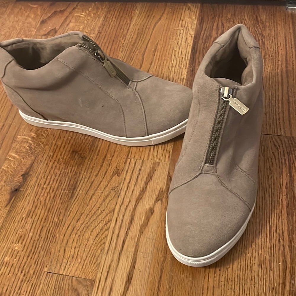 Blonde waterproof suede zip sneaker/wedge bootie